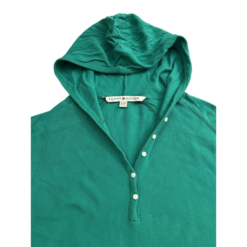 Tommy Hilfiger Thermal Hoodie Womens XL Green Henley Waffle Knit Long Sleeve Top